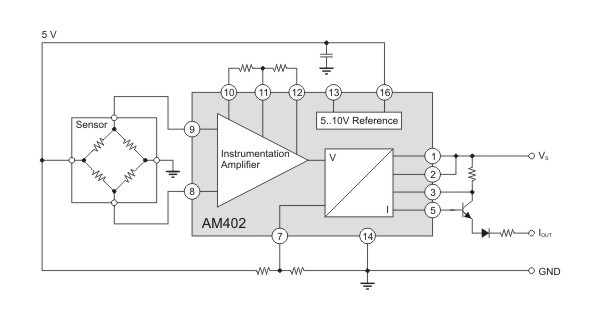 AM402 as sensor signal-conditioner with three-wire current output.