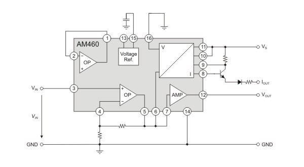 AM460 as three-wire sensor signal-conditioner with protected voltage and current output.